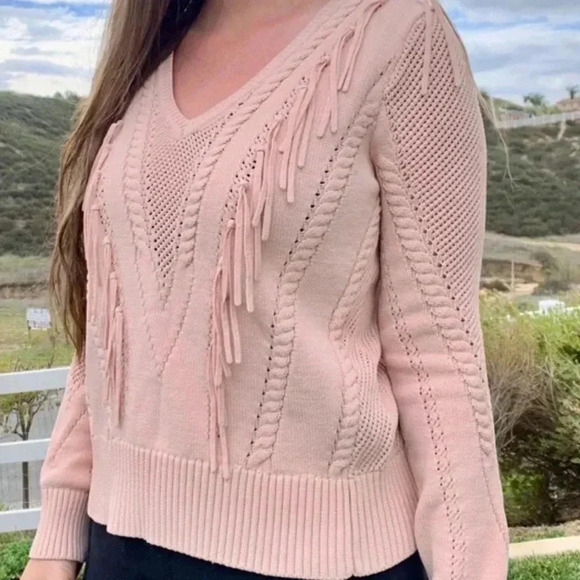 Maje Pink  Fringe Tassel Knit Long Sleeve Bohemian Pullover Sweater Size 1/Small - Picture 2 of 12